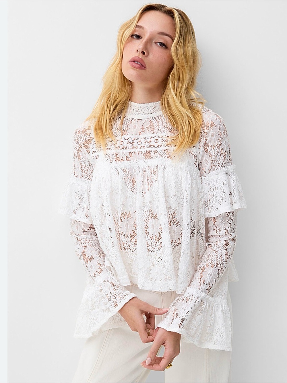Free People Lilabeth Openwork Lace Blouse Ivory Sheer Ruffle Top Large